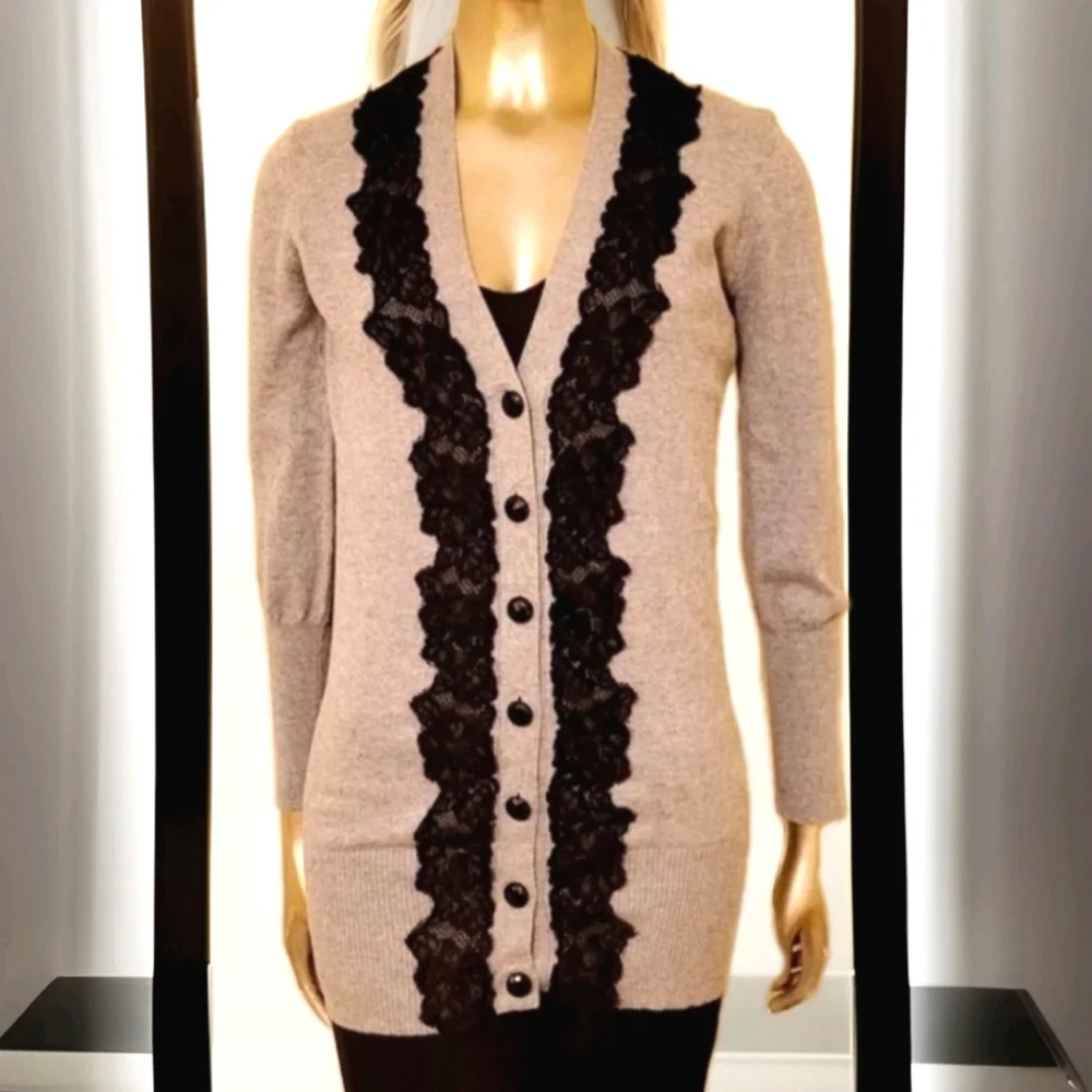 VENUS Heather Grey Long Line Cardigan Sweater With Lace Trim Sz Small